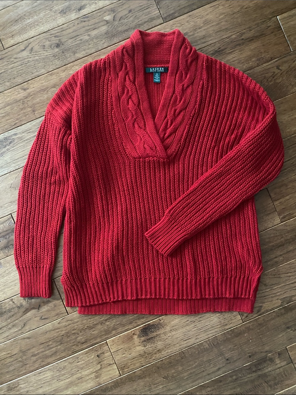Ralph Lauren Red Cable-Knit Cotton Shawl-Collar Sweater - Picture 1 of 3